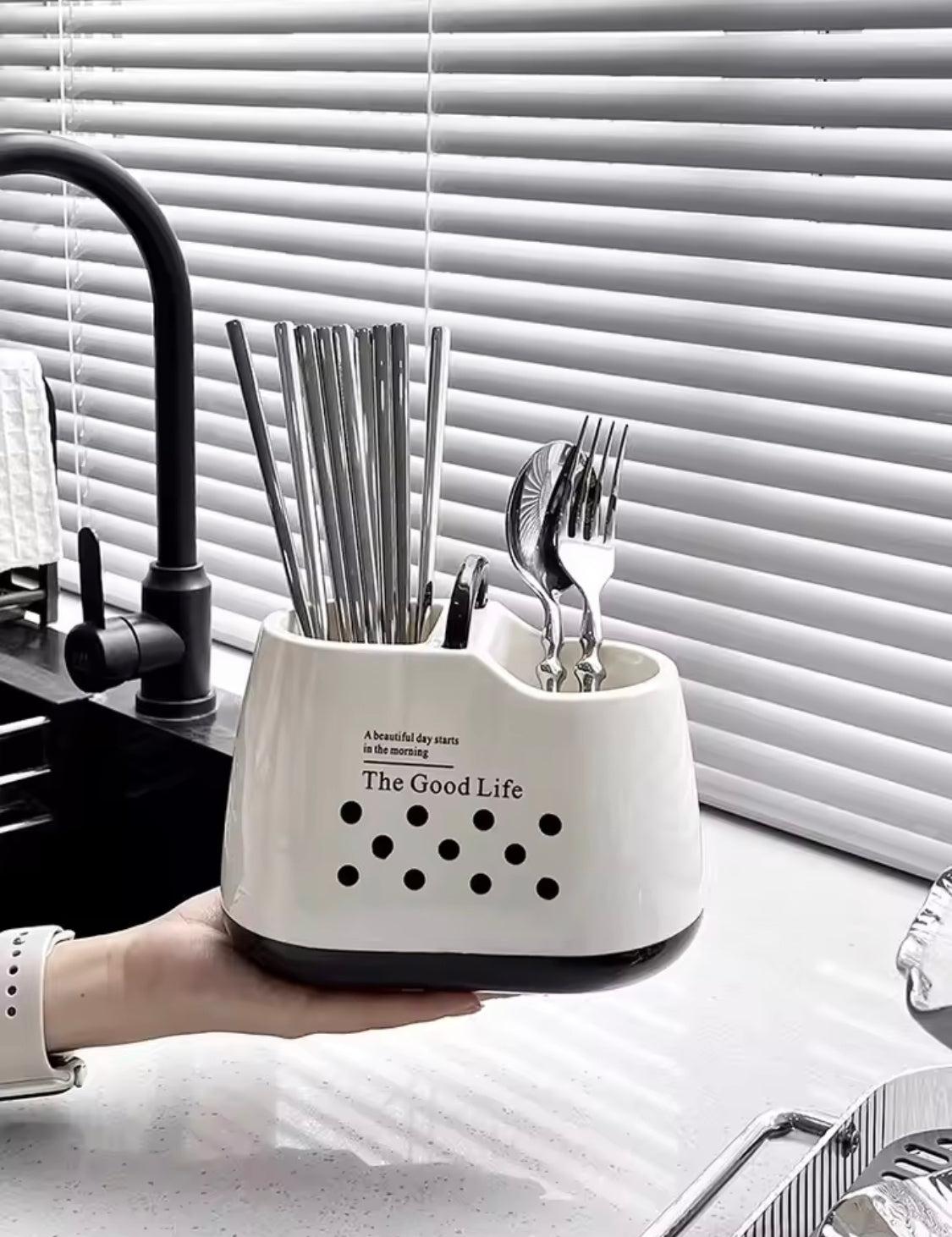 Daily Life Printed Cutlery Holder, Removable Hollow Out Utensils Organizer, Base Plate Drainable Spoon Fork Chopstick Stand Tray, Multifunctional Spoon Fork Chopstick Storage Holder, Household Kitchen Tableware Storage Holder Box Daily Life Printed Cutlery Holder, Removable Hollow Out Utensils Organizer, Base Plate Drainable Spoon Fork Chopstick Stand Tray, Multifunctional Spoon Fork Chopstick Storage Holder, Household Kitchen Tableware Storage Holder Box